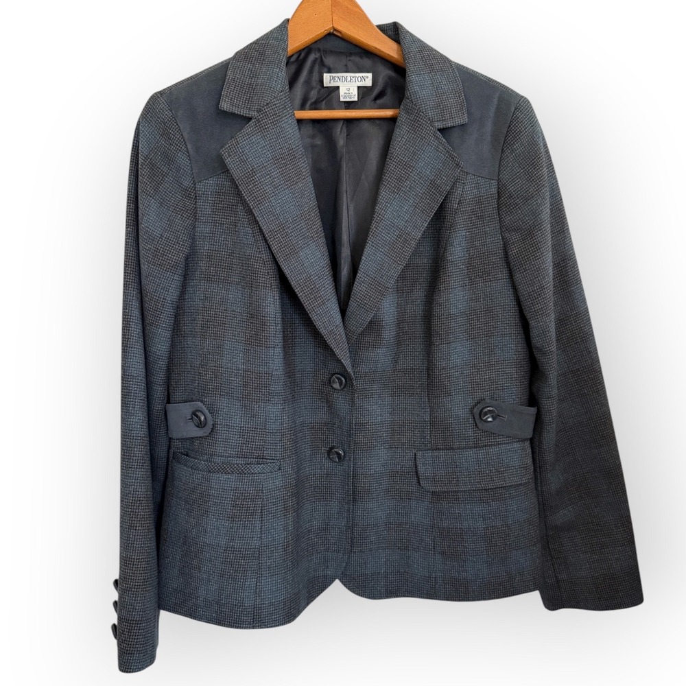 Pendleton Women's Virgin Wool Plaid Blazer Gray Black Size 12‎